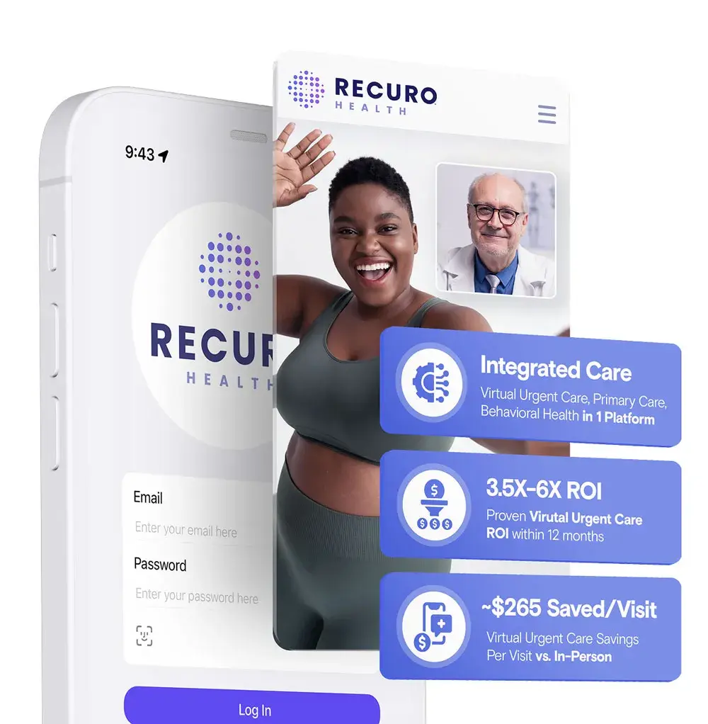 image showing a smartphone with the Recuro app login screen, an image of a woman on a telehealth call with a Dr. & text that reads: Integrated Care, Virtual Urgent Care, Primary Care, Behavioral Health in 1 Platform. 3.5x-6x ROI, Proven virtual urgent care roi within 12 months, ~$265 saved/visit, virtual urgent care savings per visit vs in-person